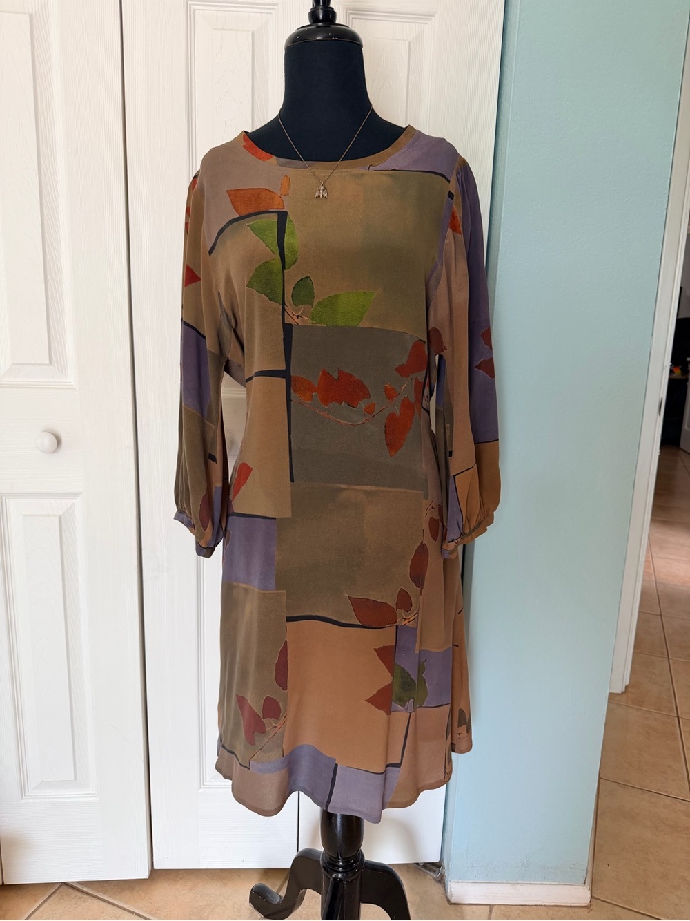 Elegant POETRY Patchwork Floral Shift Dress in Earth Tones